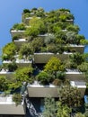 Bosco Verticale, a close up view at the modern and ecological skyscrapers with many trees on each balcony. Modern architecture