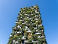 Bosco Verticale, a close up view at the modern and ecological skyscrapers with many trees on each balcony. Modern architecture