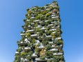 Bosco Verticale, a close up view at the modern and ecological skyscrapers with many trees on each balcony. Modern architecture