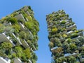 Bosco Verticale, a close up view at the modern and ecological skyscrapers with many trees on each balcony. Modern architecture