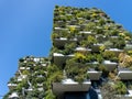 Bosco Verticale, a close up view at the modern and ecological skyscrapers with many trees on each balcony. Modern architecture