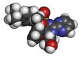 Bosentan pulmonary artery hypertension (PAH) drug molecule. Atoms are represented as spheres with conventional color coding: