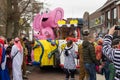 Carnival car with a pink elephant during the carnival parade in Boskoop