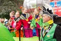 Girls have fun on the carnival carriage during the carnival parade in Boskoop