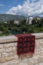 Mostar, carpet, skyline, Koski Mehmed Pasha Mosque, minaret, Bosnia and Herzegovina, Europe, islam, religion, place of worship