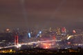 Bosphorus Bridge aka 15th July Martyrs' Bridge with spotlights and fireworks Royalty Free Stock Photo