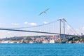 The Bosphorus bridge and the European shore of Istanbul with Ortakoy Mosque view Royalty Free Stock Photo