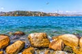 Bosphorus coast stones, the Sultan Fatih Mehmet Bridge and the Rumeli Hisari in the background