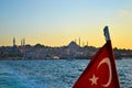 Bosphorus Strait in Istanbul, view of the Blue Mosque, Turkish flag, photographed from a boat, Turkey Royalty Free Stock Photo