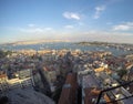 Bosphorus strait view from above Galata tower in Turkey, city buildings bellow