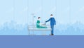 A boss assigns tasks to a sick employee patient, using a laptop on a hospital bed with a saline solution medical drip bag