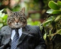 Boss cat. Cat dressed as a businessman among green bushes Royalty Free Stock Photo