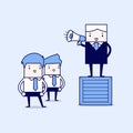 Boss commanding officers into a megaphone. Cartoon character thin line style vector