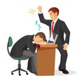 Boss crying at sleeping worker laying on table. Realistic vector