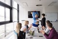 boss dresed as bear having fun with business people in trendy of