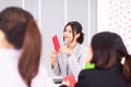 Boss giving money annual bonus in red paper to employee office worker once a year