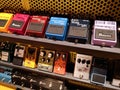 Boss guitar pedals are on a store shelf