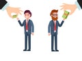 Boss hand give difference salary male character get different money isolated on white, flat vector illustration. Senior