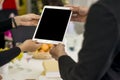 Boss holds tablet in hand secretary look , At party in office, with isolated screen, Impressive concept of digital business