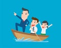 Boss leads employees, Businessman rowing team, Teamwork and Leadership concept