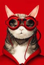 Boss like cat wearing red goggles on red background