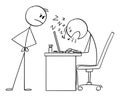 Boss Looking at Employee Sleeping at Work, Vector Cartoon Stick Figure Illustration