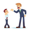 Boss man character screams on worker. Vector flat cartoon illustration Angry businessman shouting at employee