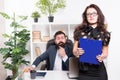 Boss manager director and ceo position. Business man secretary. Business couple working office. Job and career. Couple Royalty Free Stock Photo