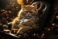 Boss Paws: Step into a surreal scene as a suave cat dons a tailored suit, surrounded by stacks of fish - shaped gold bars