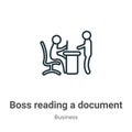 Boss reading a document outline vector icon. Thin line black boss reading a document icon, flat vector simple element illustration