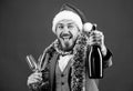 Boss santa hat tinsel celebrate new year or christmas. Christmas party invitation. Man bearded cheerful hipster santa Royalty Free Stock Photo