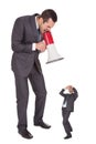 Boss screaming in megaphone at employee Royalty Free Stock Photo