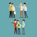 Boss screams and dismisses employee. Colleague soothes employee. Teamwork business. Partnership in office work. Cartoon