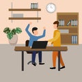 The boss screams at the subordinate in the office. Vector illustration, flat design style