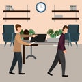 The boss screams at the subordinate in the office. Vector illustration, flat design style