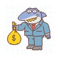 Boss shark holds bag of money holds suitcase and smiles. Hand drawn character