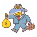 Boss shark holds bag of money holds suitcase and walks. Hand drawn character