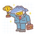 Boss shark holds gold cup holds suitcase and smiles. Hand drawn character