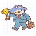 Boss shark holds gold cup holds suitcase and walks. Hand drawn character