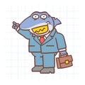 Boss shark holds suitcase and points finger at. Hand drawn character