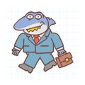 Boss shark holds suitcase smiles and walks. Hand drawn character