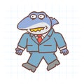 Boss shark with serious face in suit walks. Hand drawn character