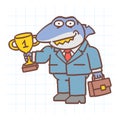 Boss shark standing holds gold cup holds suitcase and smiles. Hand drawn character