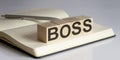 The boss sign on the wooden block on notebook background