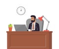 Boss in suit working on laptop. Man in office. Table, chair, potted plant, clock and lamp. Office interior. Vector illustration