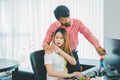 Boss or supervisor touching female employee's shoulder Causing young employees to resist