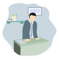 Boss swears, leaning his hands on the table, vector illustration