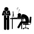 Boss watching the shoulders of sleeping at work staff. Tired businessman, icon vector