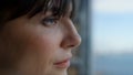 Boss woman dreaming ocean view window closeup. Director looking distance alone Royalty Free Stock Photo