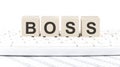 BOSS -word wooden block on keyboard background witn chart